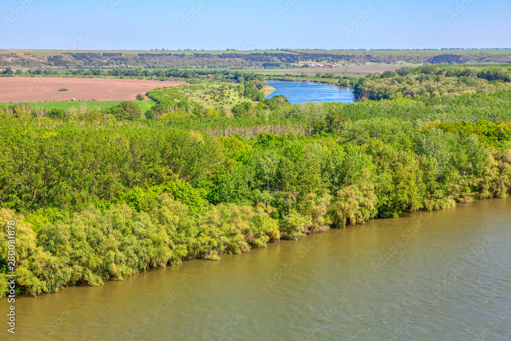 aerial view of spring nature with green forest and river