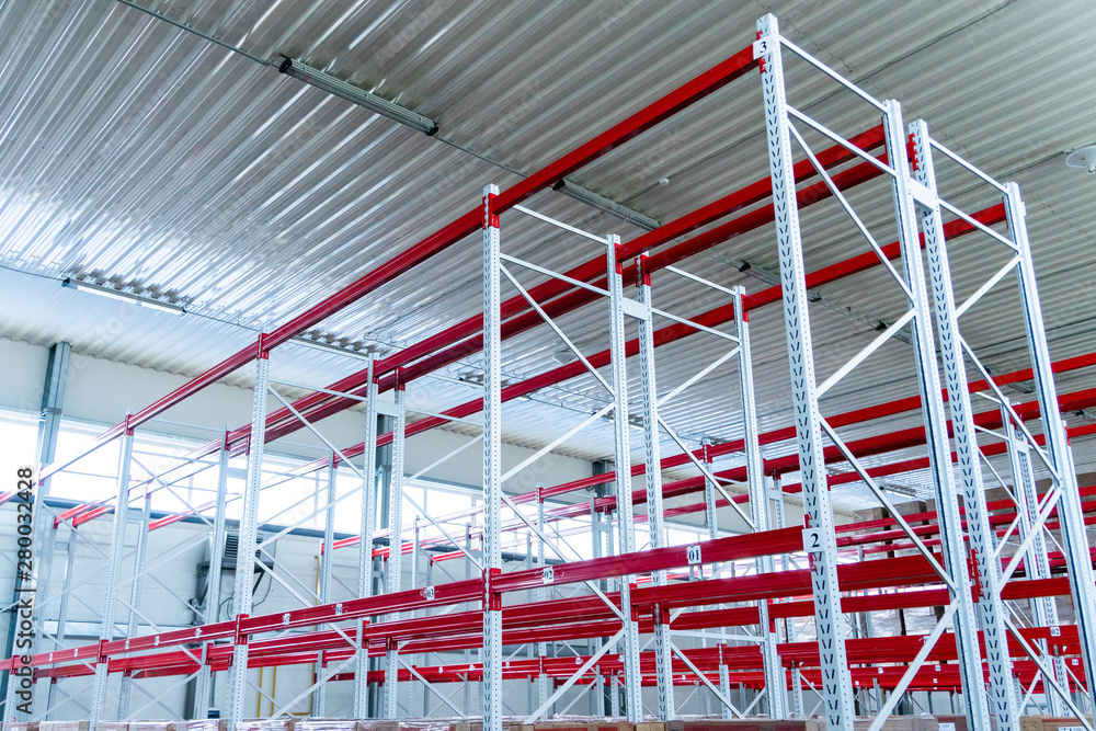 row of mpty warehouse racks, Empty metal shelf in storage room row of mpty warehouse racks, Empty metal shelf in storage room