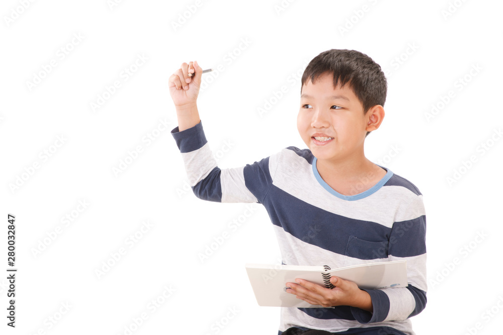 Asian Boy in writing action on visual board Isolated on White Background. Asian Boy in writing action on visual board Isolated on White Background.
