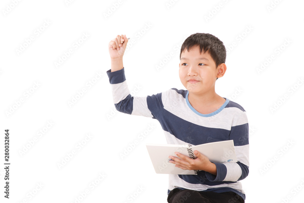 Asian Boy in writing action on visual board Isolated on White Background. Asian Boy in writing action on visual board Isolated on White Background.