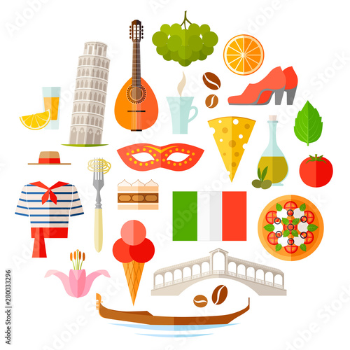 Symbols of Italy in flat style. A set of famous Italian attributes and souvenirs in flat style. Vector icons on the theme of travel to Europe.