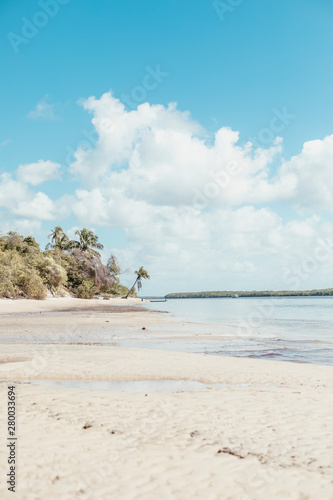 paradise beach without people with hills and palm trees