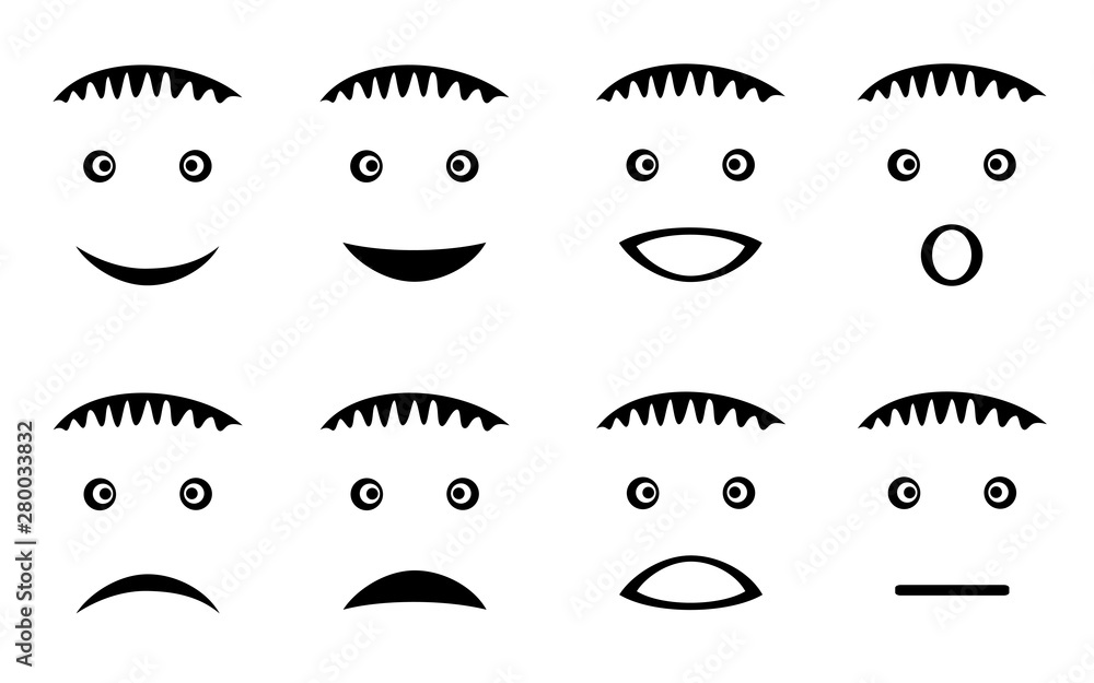Eight smileys, human faces, with different emotions. Funny pictures. Black and graphics. Vector graphics. Eight smileys, human faces, with different emotions. Funny pictures. Black and graphics. Vector graphics.