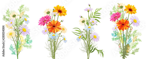 Fotografie, Tablou Chamomile (Daisy), Gerbera bouquet, white, red, orange flowers, buds, leaves, stems, green twigs, greenery