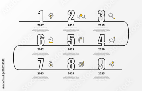 Infographic design template. Timeline concept with 9 steps