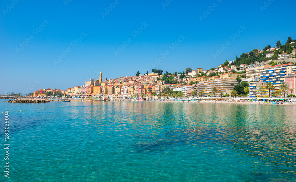 View from the water of the city Menton in summer