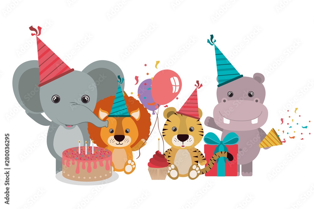 Fototapeta premium card of celebration with animals on white background