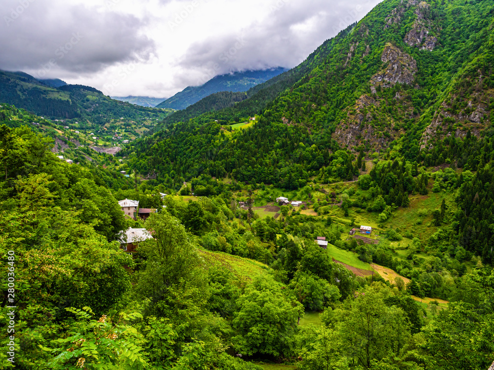 Green valley in Adjara, Georgia, with small village at mountain foot
