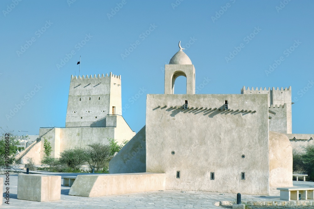 View of Barzan Towers(Umm Salal Mohammed Towers) were constructed in late 19th century and rebuilt in 1910 by Sheikh Mohammed bin Jassim Al Thani in Doha, Qatar 