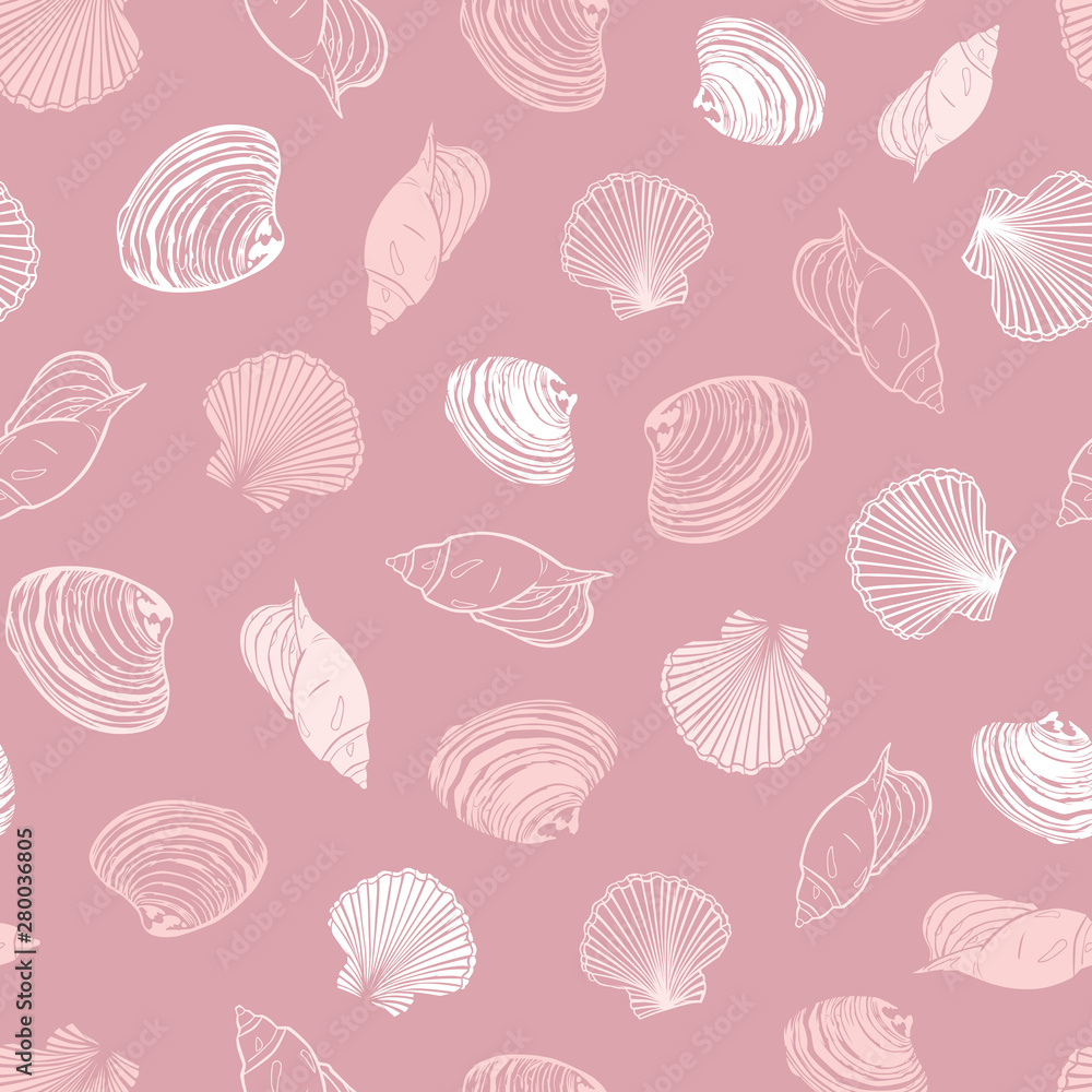 Vector coral pink repeat pattern with variety of seashells. Perfect for greetings, invitations, wrapping paper, textile, wedding and web design. Vector coral pink repeat pattern with variety of seashells. Perfect for greetings, invitations, wrapping paper, textile, wedding and web design.