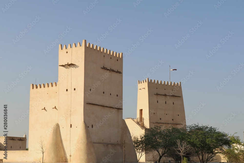 View of Barzan Towers(Umm Salal Mohammed Towers) were constructed in late 19th century and rebuilt in 1910 by Sheikh Mohammed bin Jassim Al Thani in Doha, Qatar 