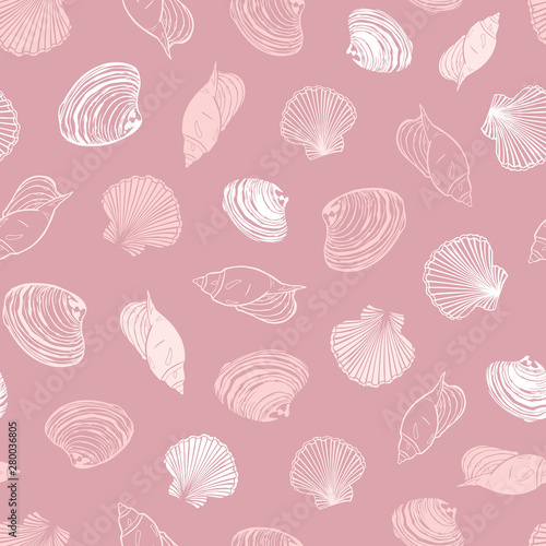 Vector coral pink repeat pattern with variety of seashells. Perfect for greetings, invitations, wrapping paper, textile, wedding and web design.