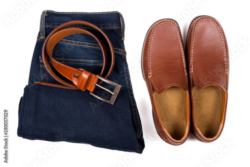 Pair Of Leather Shoe, Leather Belt And Blue Denim Isolated On White Background
