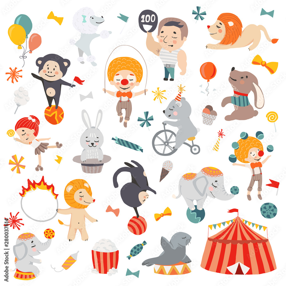 Illustrations of funny circus characters. Presentation, show and magic. Template vector graphics.