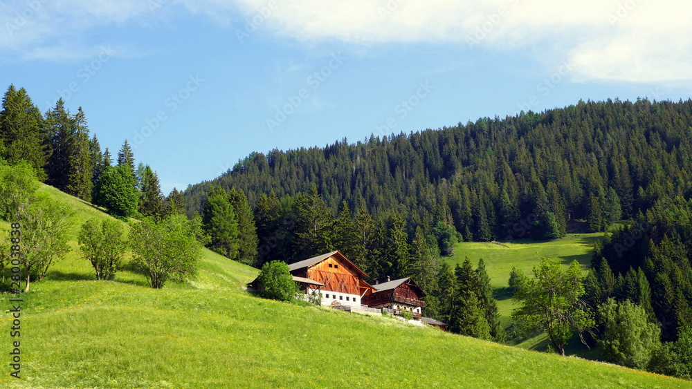 alpenländischer Bauernhof mit Scheune liegt malerisch zwischen Wiesen und Wald