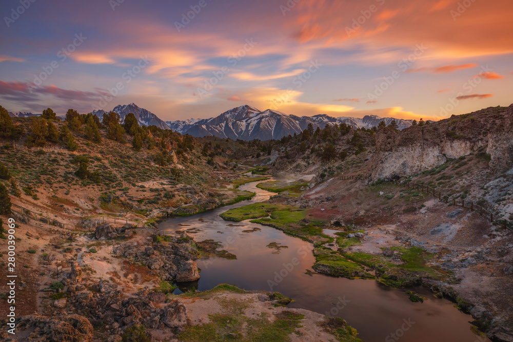 Vibrant sunset from Hot Creek overlook at Mammoth Lakes, California 
