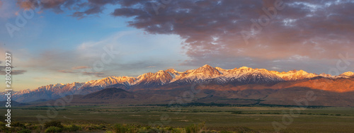 Colorful sunrise panorama of the Sierra Nevada Mountain Range