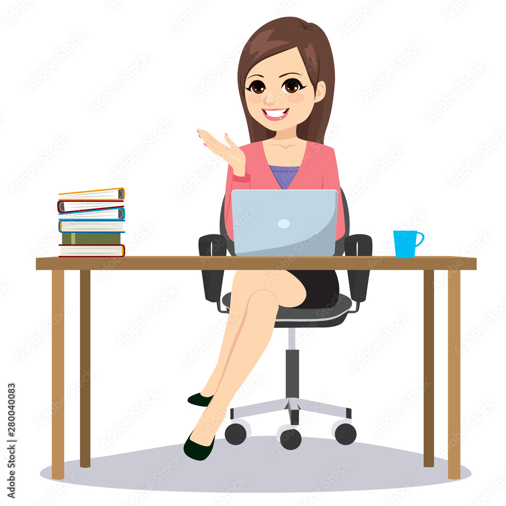 Young beautiful businesswoman sitting on desk with laptop coffee and binders isolated Young beautiful businesswoman sitting on desk with laptop coffee and binders isolated