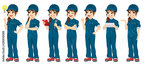 Young auto repair female mechanic standing posing with different gestures and holding different objects and tools