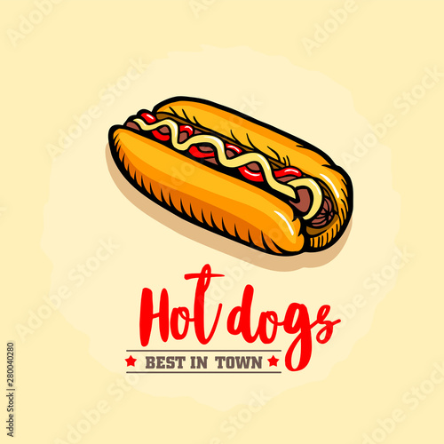 Hot dog ison. Fast food vector emblem. Retro design.