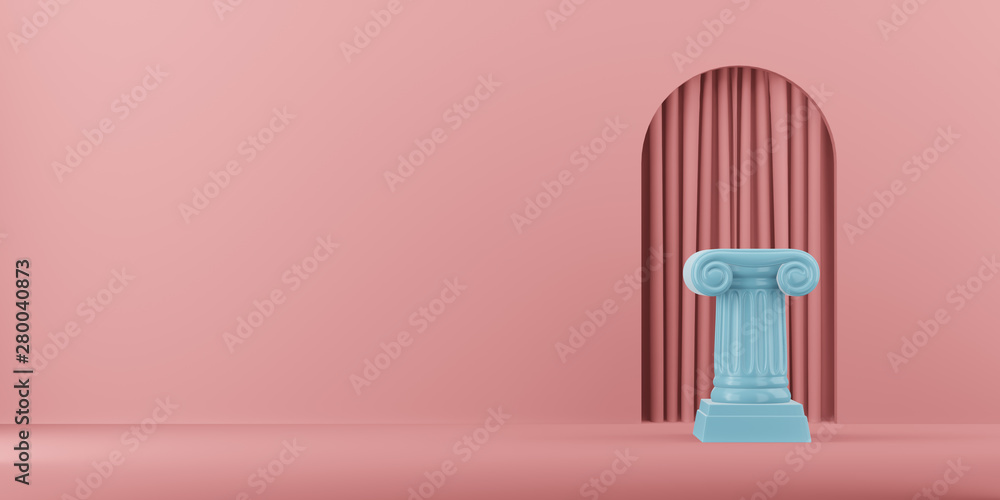 Abstract podium blue column on the pink background with arch. The victory pedestal is a minimalist concept. 3D rendering. Abstract podium blue column on the pink background with arch. The victory pedestal is a minimalist concept. 3D rendering.