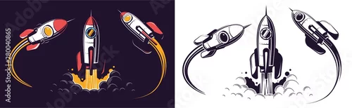 Obraz Start rakiety kosmicznej i muchy. Rocketship retro vintage ilustracji wektorowych.