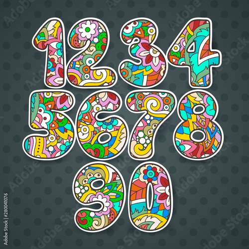 Set of patterned hand drawn numbers. Funny doodle contour math signs