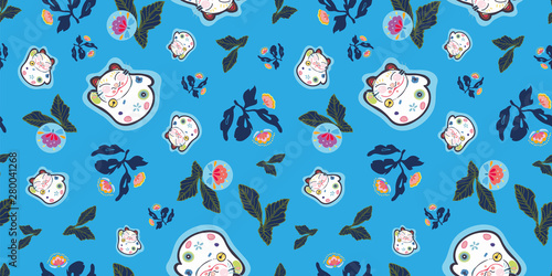 Blue vector repeat pattern with happy maneki neko cat and pink folk art florals. Japan inspired pattern. Comic style. Perfect for paper and textile projects or events. Surface pattern design.