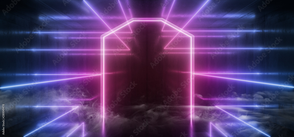 Smoke Neon Futuristic Lights Glowing Triangle Sci Fi Retro Abstract Shaped Lasers Purple Blue Vibrant Column Concrete Grunge Reflective Tunnel Alien Ship Star Gate Club Night Dark 3D Rendering