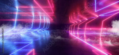 Fototapeta Naklejka Na Ścianę i Meble -  Smoke Neon Futuristic Lights Glowing Triangle Sci Fi Retro Abstract Shaped Lasers Purple Blue Vibrant Column Concrete Grunge Reflective Tunnel Alien Ship Star Gate Club Night Dark 3D Rendering