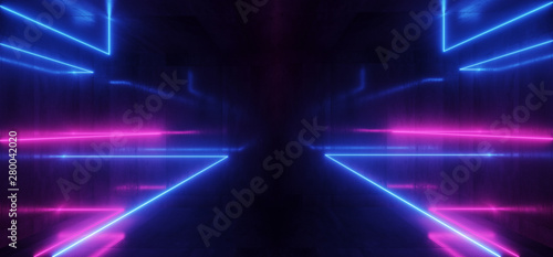 Spaceship Neon Glowing Lights Laser Shapes Beam Purple Blue Vibrant Retro Modern Futuristic Sci Fi Night Club Scene Tunnel Corridor Hall Garage Grunge Concrete Reflective Background 3D Rendering