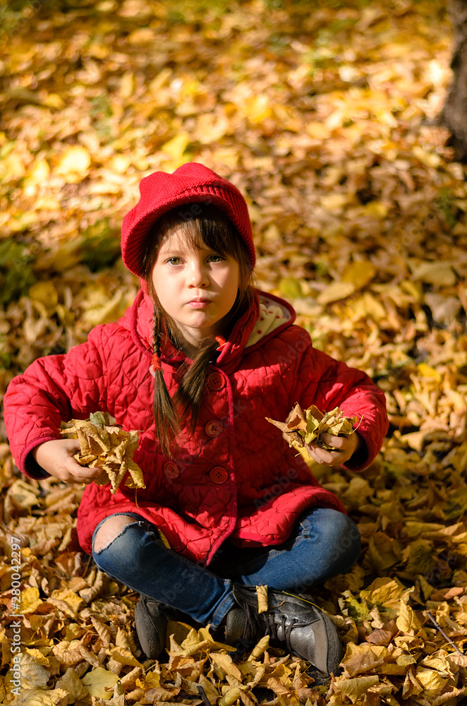 Beautiful little girl in red jacket is sitting on yellow leaves and playing on warm and sunny autumn day. Happy childhood concept Beautiful little girl in red jacket is sitting on yellow leaves and playing on warm and sunny autumn day. Happy childhood concept