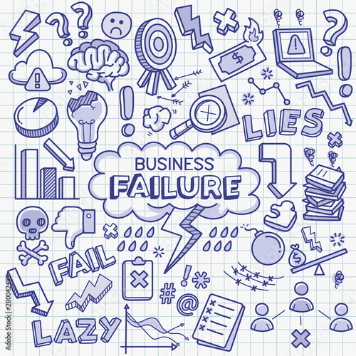 Business failure related objects and elements collection. Hand drawn vector doodle illustration in blue ballpoint sketch style.