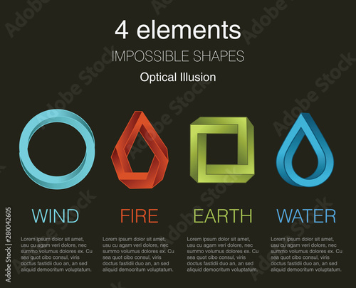 Nature infographic elements on dark background. Impossible shapes and optical illusion. Line symbols with air, fire, earth, water. Alternative energy sources and eco logo