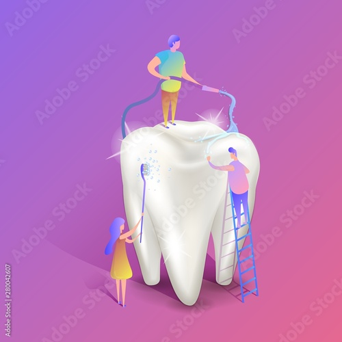 Teeth whitening isometric illustration. Big white healthy tooth