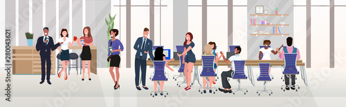 businesspeople employees successful teamwork concept hardworking process open space creative co-working center modern workspace office interior flat horizontal full length