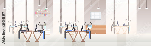 empty no people open space creative co-working center upside down chairs on desks modern office interior flat horizontal banner