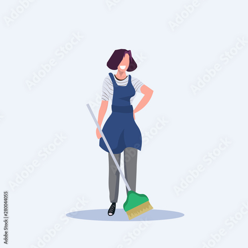 female housewife holding broom woman cleaner sweeping floor cleaning service housekeeping concept full length flat white background