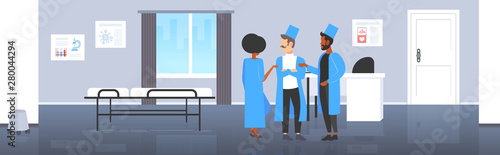 mix race doctors team discussing during meeting medical staff colleagues in uniform standing together teamwork medicine healthcare concept modern hospital room interior flat full length horizontal