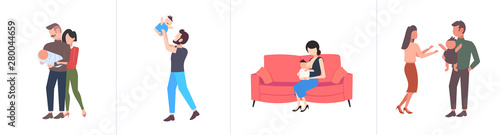 set parents and their newborn having fun together different parenthood concepts collection flat full length horizontal