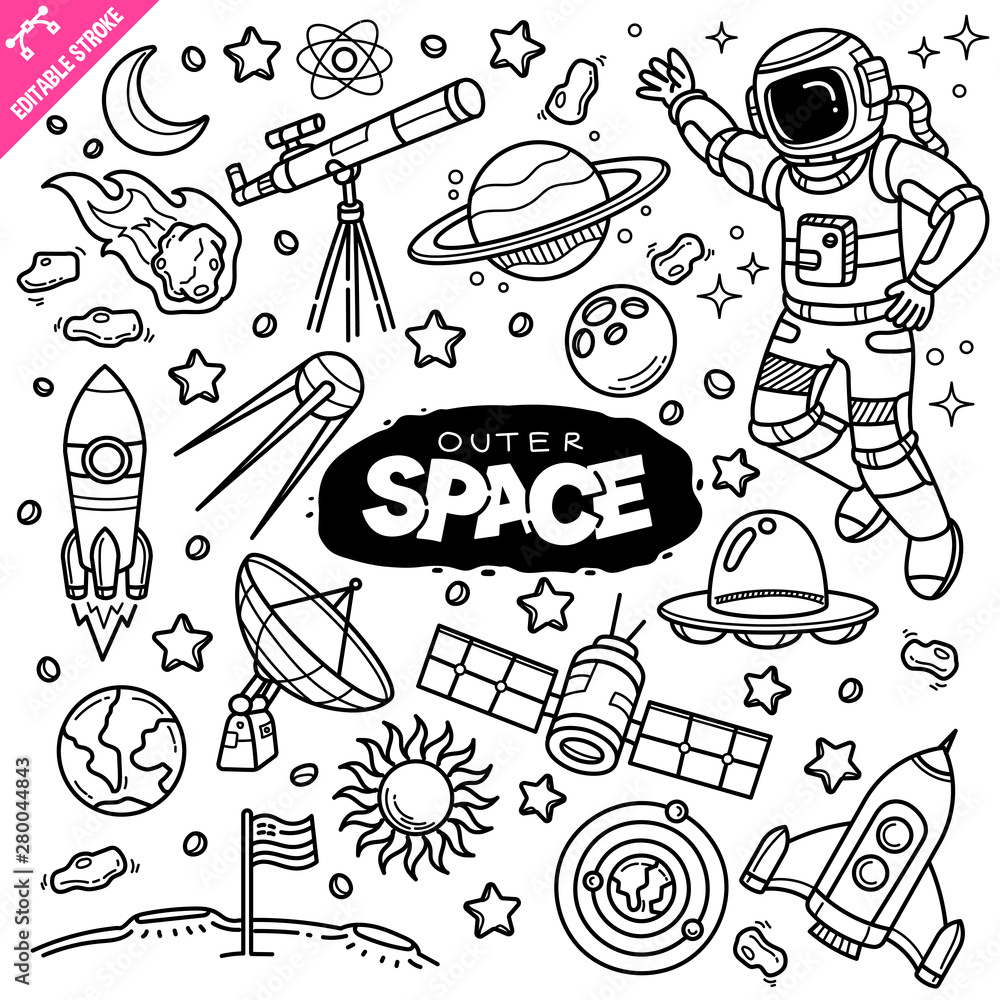 Outer space related objects and elements collection. Hand drawn doodle