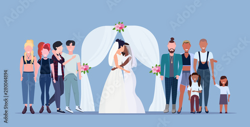 couple newly weds lesbians in white dress standing behind floral arch same gender happy married homosexual family wedding celebrating concept female cartoon characters full length flat horizontal