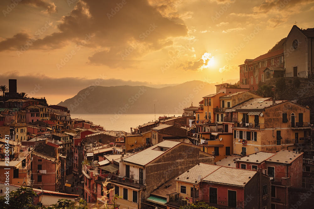 Vernazza town in Cinque Terre at sunset, Italy in the summer