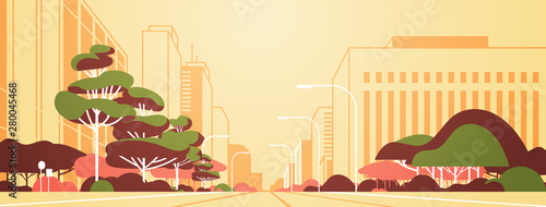 modern city panorama road with street lamps skyscrapers empty nobody urban cityscape background flat horizontal banner