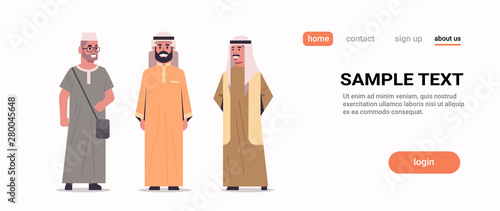 arabic men discussing standing together arab man wearing traditional clothes arabian male cartoon characters collection full length flat white background copy space horizontal