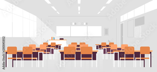 modern classroom interior empty no people school class room with board and desks flat horizontal