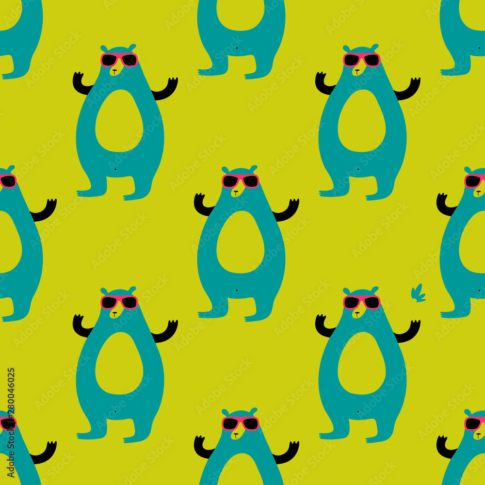 Cute cartoon hipster bear pattern with bear in sunglasses. Funny vector  colorful hipster bear pattern. Seamless cheerful hipster bear pattern for  textile, wallpapers, wrapping paper, cards and web. Stock Vector | Adobe