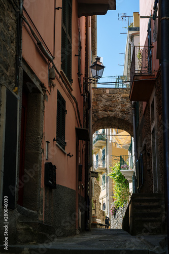 Narrow street in Corniglia town at Cinque Terre  Italy in the summer