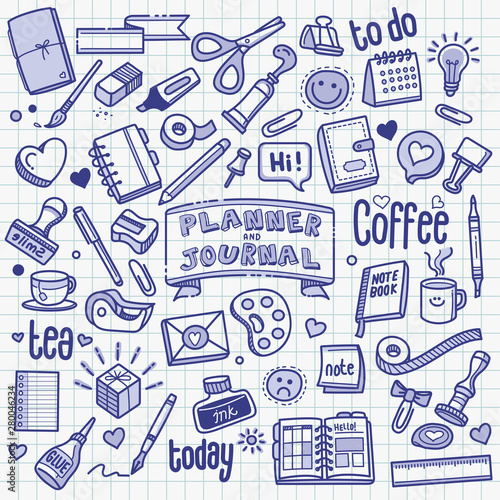 Planner and Journal related object and element collection. Hand drawn vector doodle illustration in blue ballpoint sketch style.