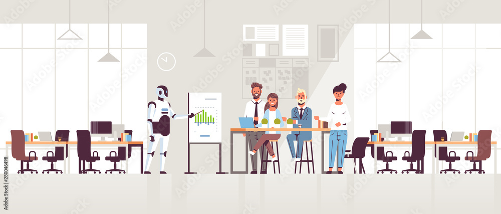 business robot presenting financial graph on flip chart to businesspeople team at conference meeting artificial intelligence technology concept modern office interior full length horizontal